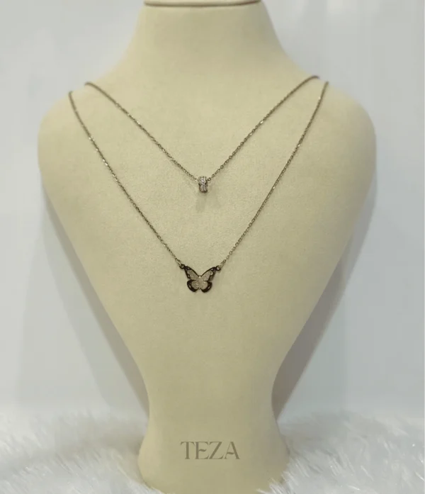 Butterfly & Crystal Pendant Necklace – Rose Gold Stainless Steel Layered Chain Butterfly & Crystal Pendant Necklace