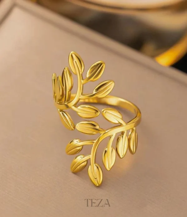 Adjustable 18K Gold Plated Leaf Ring for Women