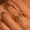 Adjustable 18K Gold Plated Leaf Ring for Women