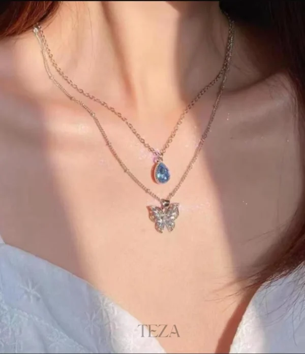 Layered Butterfly & Blue Stone Pendant Necklace Layered Butterfly & Blue Stone Pendant Necklace