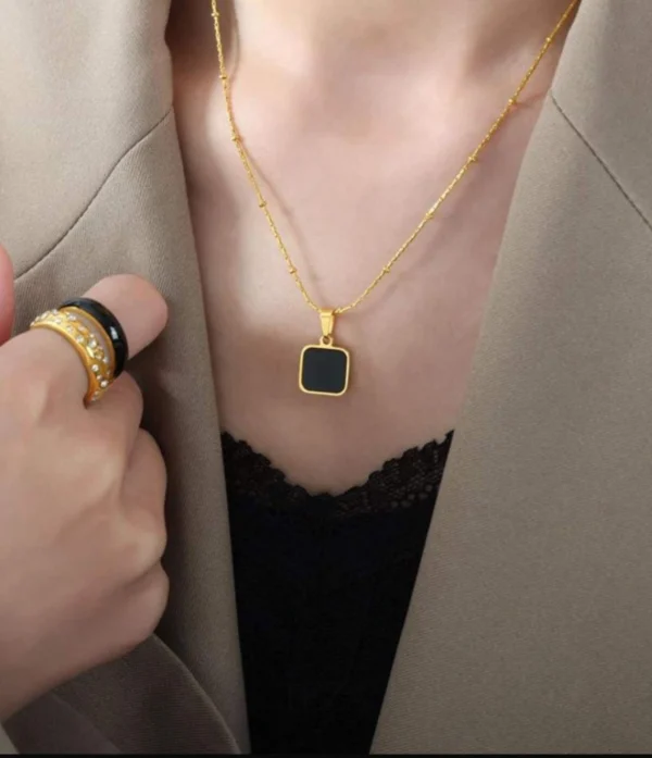Stylish Gold Plated Anti-Tarnish Black Square Charm Necklace – Stainless Steel Waterproof Jewelry for Women & Girls Stylish Gold Plated Anti-Tarnish Black Square Charm Necklace – Stainless Steel Waterproof Jewelry for Women & Girls
