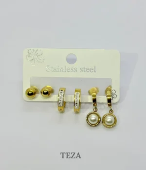 Enhance your jewellery collection with this elegant Pearl & Crystal Earrings Set from TEZA. Featuring classic gold ball studs, sparkling crystal hoop earrings, and stylish pearl drop earrings, this premium stainless steel earrings combo is perfect for daily wear